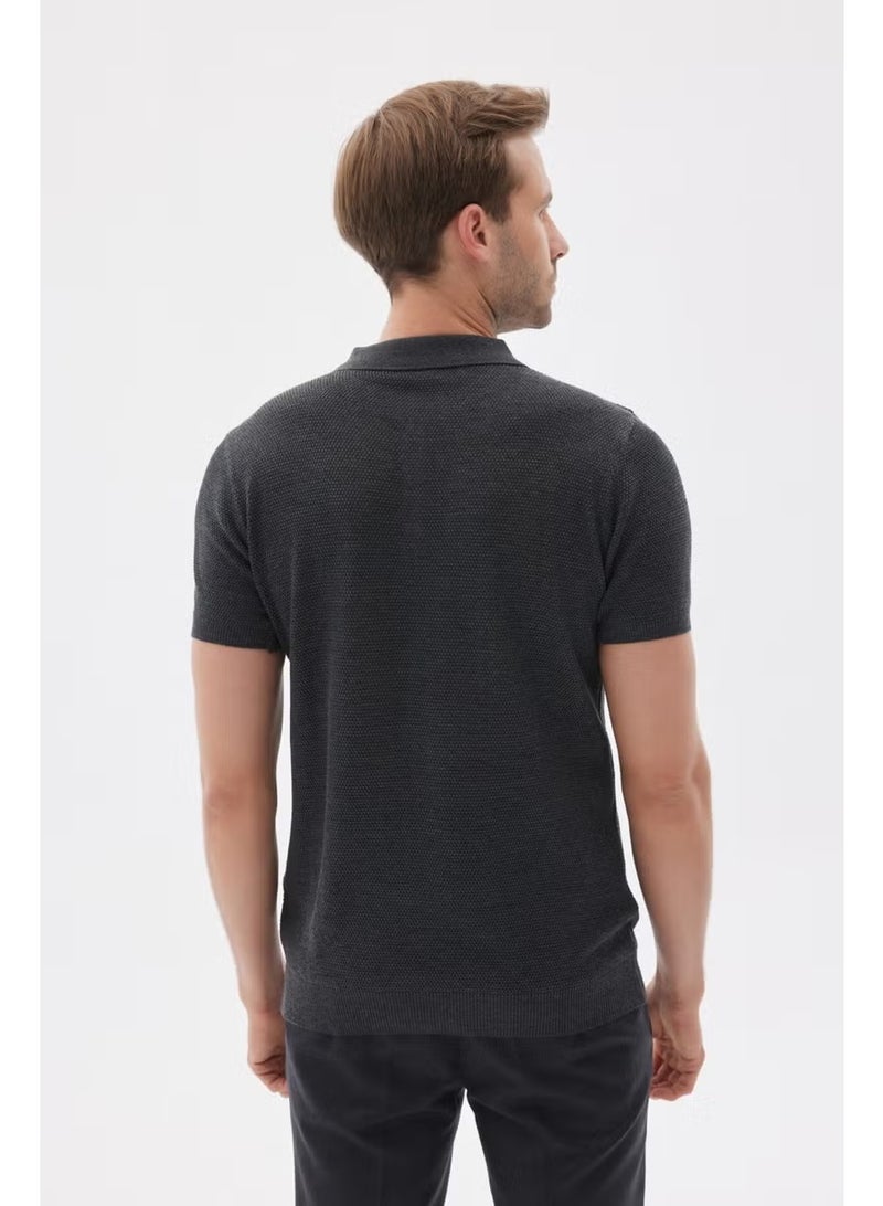 Odelon Men's Polo Neck Jacquard Knitwear T-Shirt Anthracite - Image 4